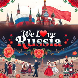 An eye-catching poster for the event titled "We Love Russia" featuring patriotic themes and symbols