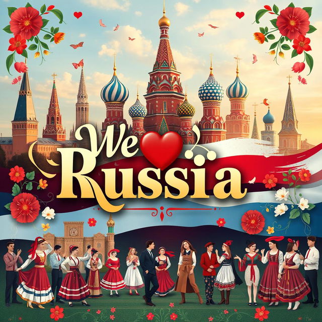 An eye-catching poster for the event titled "We Love Russia" featuring patriotic themes and symbols