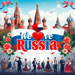 An eye-catching poster for the event titled "We Love Russia" featuring patriotic themes and symbols