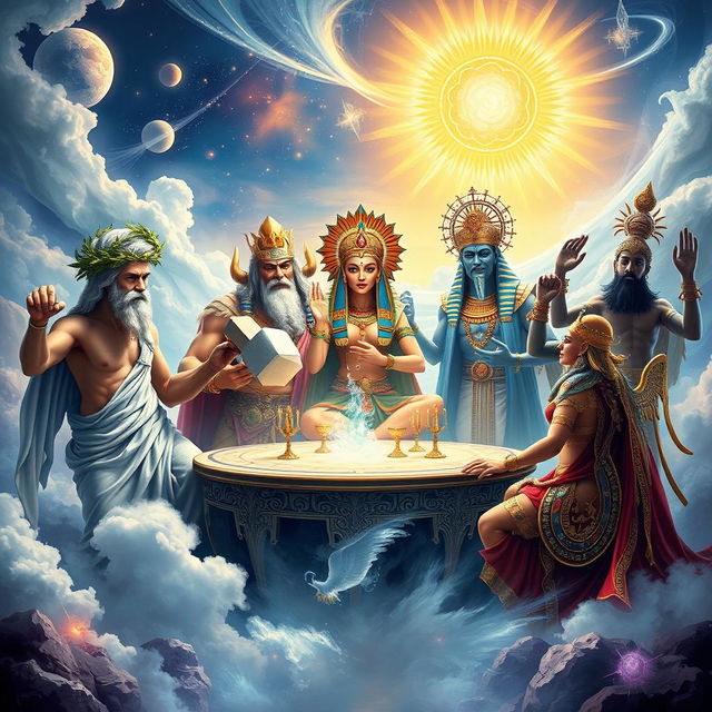 A divine assembly depicting a group of gods from various mythologies