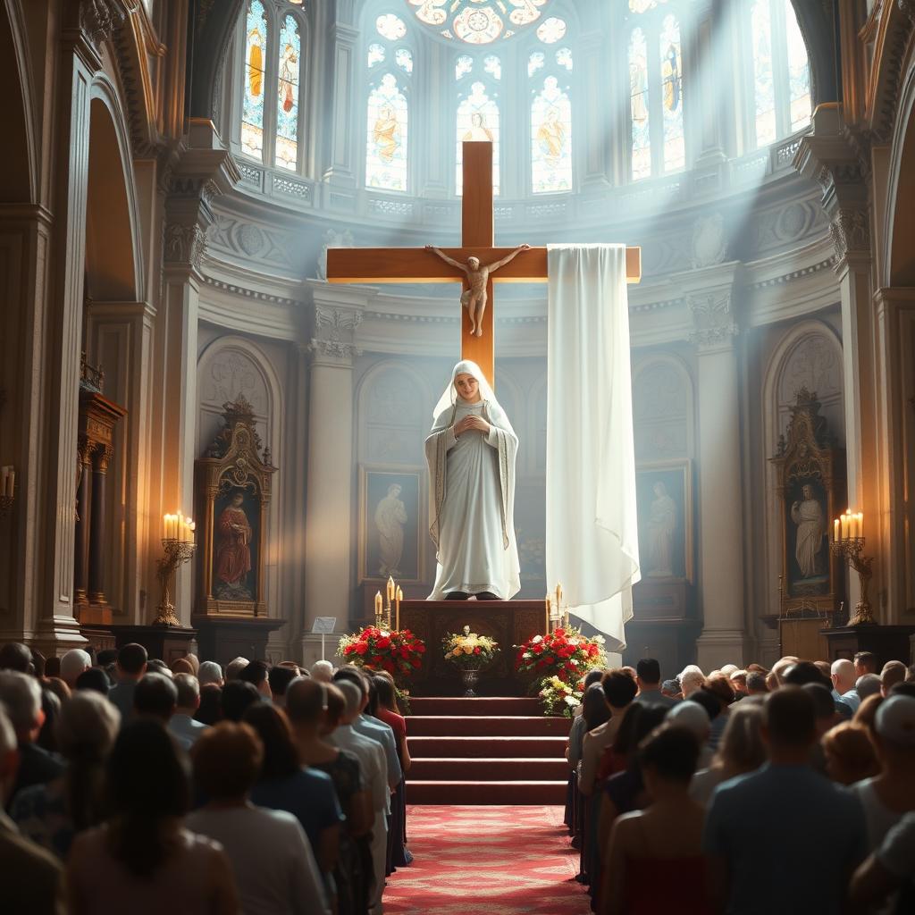 A saintly figure inside a grand religious temple, with gentle, divine light illuminating her