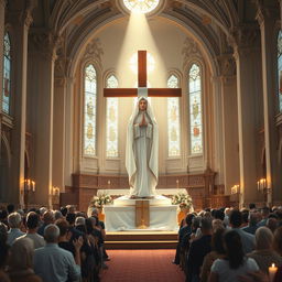 A saintly figure inside a grand religious temple, with gentle, divine light illuminating her