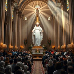 Nossa Senhora de Fátima inside a grand religious temple, surrounded by soft, divine light