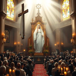 Nossa Senhora de Fátima inside a grand religious temple, surrounded by soft, divine light