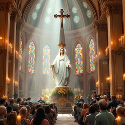 Nossa Senhora de Fátima inside a grand religious temple, surrounded by soft, divine light