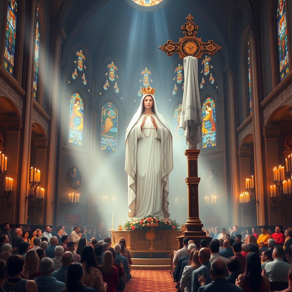 Nossa Senhora de Fátima inside a grand religious temple, surrounded by soft, divine light