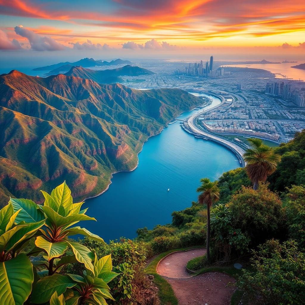 A breathtaking landscape featuring a vibrant arrangement of mountain ranges, lush green leaves of tobacco plants swaying in the breeze, and a bustling cityscape in the background