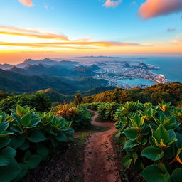 A breathtaking landscape featuring a vibrant arrangement of mountain ranges, lush green leaves of tobacco plants swaying in the breeze, and a bustling cityscape in the background