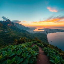 A breathtaking landscape featuring a vibrant arrangement of mountain ranges, lush green leaves of tobacco plants swaying in the breeze, and a bustling cityscape in the background