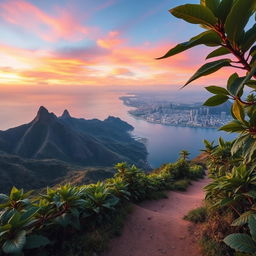 A breathtaking landscape featuring a vibrant arrangement of mountain ranges, lush green leaves of tobacco plants swaying in the breeze, and a bustling cityscape in the background