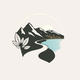 A logo design that elegantly combines elements of mountain ranges, tobacco leaves, a crescent moon, and a winding road leading to a vibrant city skyline beside a vast ocean