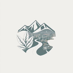 A logo design that elegantly combines elements of mountain ranges, tobacco leaves, a crescent moon, and a winding road leading to a vibrant city skyline beside a vast ocean