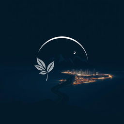 A logo design that elegantly combines elements of mountain ranges, tobacco leaves, a crescent moon, and a winding road leading to a vibrant city skyline beside a vast ocean