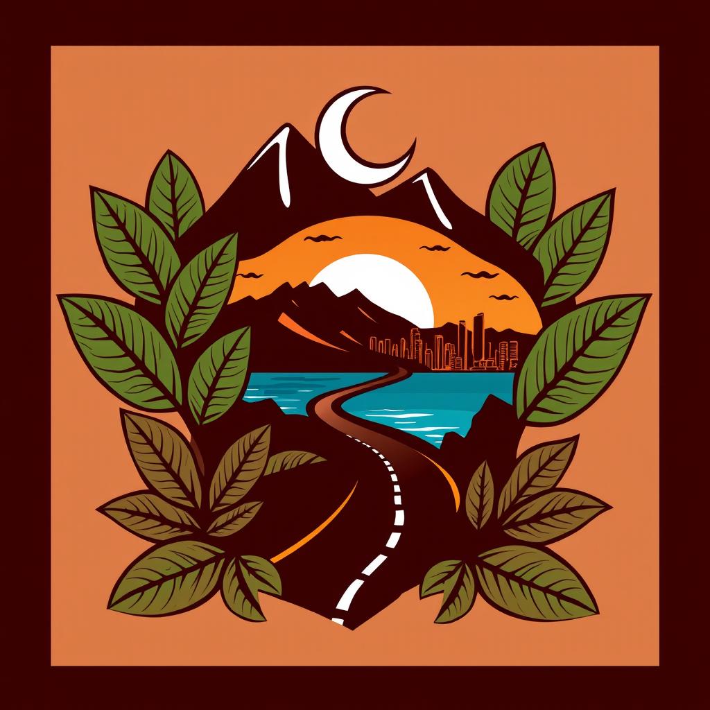 A logo design with a square background featuring a beautiful arrangement of tobacco leaves, mountain silhouettes, a crescent moon, a winding road leading to a city skyline, and the ocean in the backdrop