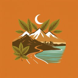 A logo design with a square background featuring a beautiful arrangement of tobacco leaves, mountain silhouettes, a crescent moon, a winding road leading to a city skyline, and the ocean in the backdrop