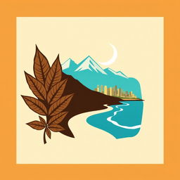 A logo design with a square background featuring a beautiful arrangement of tobacco leaves, mountain silhouettes, a crescent moon, a winding road leading to a city skyline, and the ocean in the backdrop