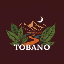 A logo design with a square background featuring a beautiful arrangement of tobacco leaves, mountain silhouettes, a crescent moon, a winding road leading to a city skyline, and the ocean in the backdrop