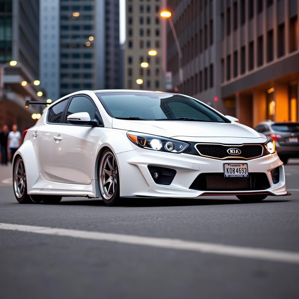 A 2011 white Kia cee'd modified with an aggressive widebody kit, parked on a city street