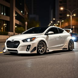 A 2011 white Kia cee'd modified with an aggressive widebody kit, parked on a city street