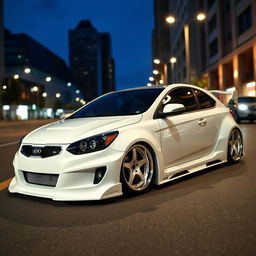 A 2011 white Kia cee'd modified with an aggressive widebody kit, parked on a city street