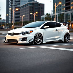 A 2011 white Kia cee'd modified with an aggressive widebody kit, parked on a city street