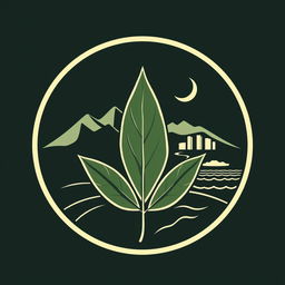 A simple and elegant logo design featuring a single tobacco leaf in the foreground, with mountain silhouettes, a crescent moon, a winding road, a city skyline, and the ocean detailed within a circular frame