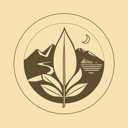 A simple and elegant logo design featuring a single tobacco leaf in the foreground, with mountain silhouettes, a crescent moon, a winding road, a city skyline, and the ocean detailed within a circular frame