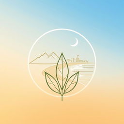 A simple and elegant logo design featuring a single tobacco leaf in the foreground, with mountain silhouettes, a crescent moon, a winding road, a city skyline, and the ocean detailed within a circular frame