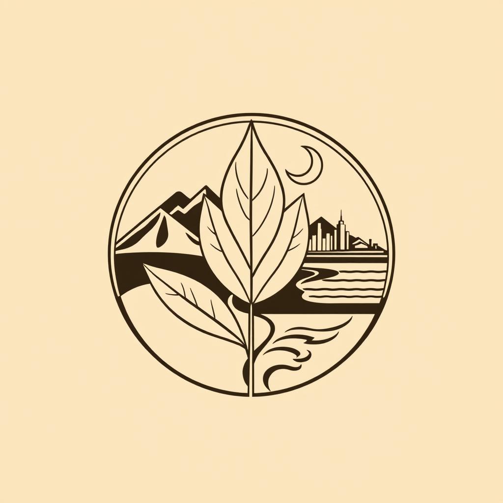 A simple and elegant logo design featuring a single tobacco leaf in the foreground, with mountain silhouettes, a crescent moon, a winding road, a city skyline, and the ocean detailed within a circular frame