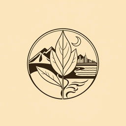 A simple and elegant logo design featuring a single tobacco leaf in the foreground, with mountain silhouettes, a crescent moon, a winding road, a city skyline, and the ocean detailed within a circular frame