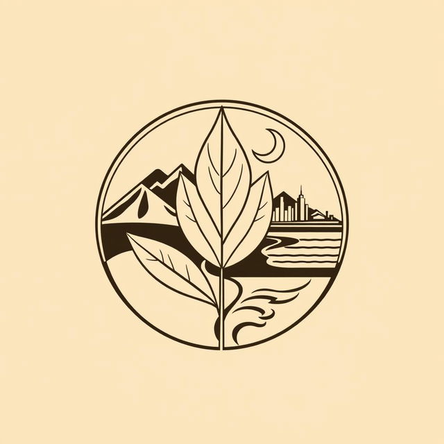 A simple and elegant logo design featuring a single tobacco leaf in the foreground, with mountain silhouettes, a crescent moon, a winding road, a city skyline, and the ocean detailed within a circular frame