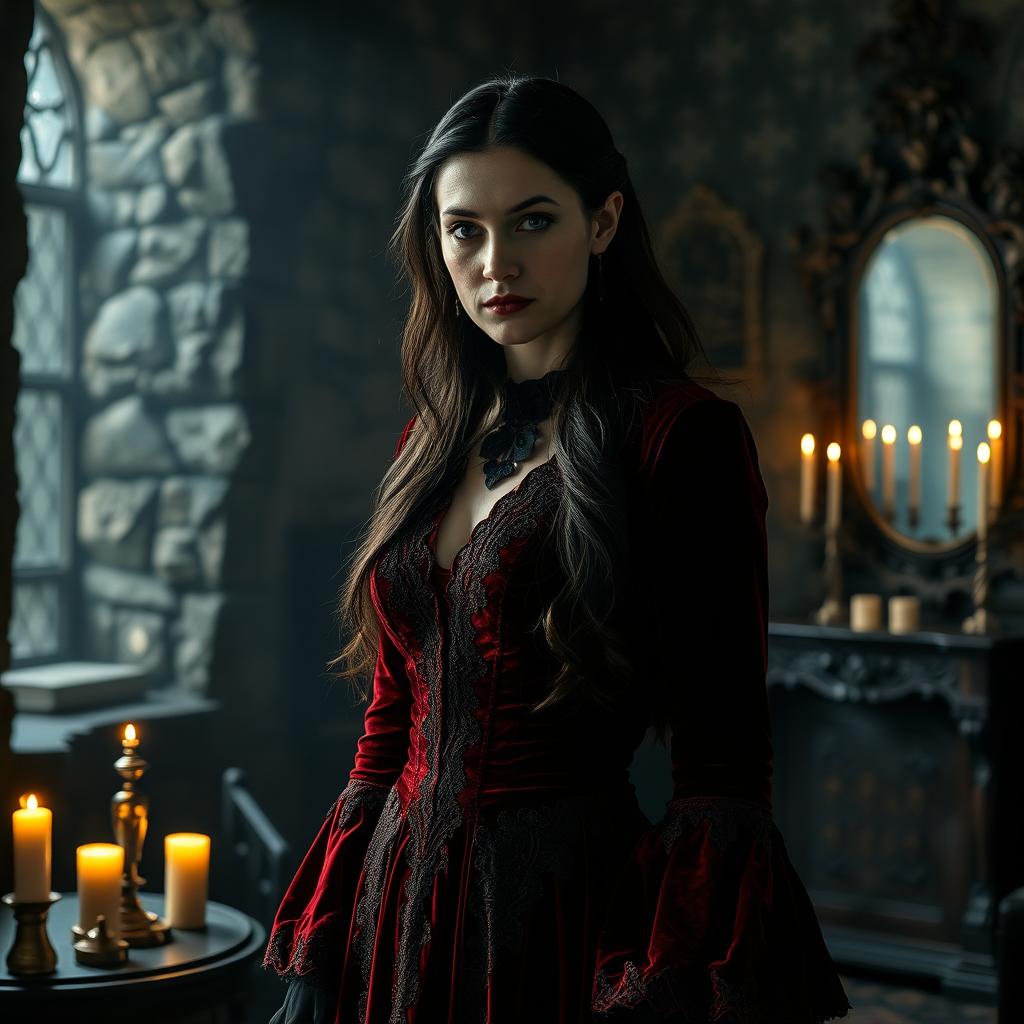 A beautifully crafted scene inspired by Carmilla, featuring an elegant vampire woman with pale skin and long dark hair, adorned in an ornate Victorian dress made of deep red velvet with intricate lace details