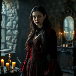 A beautifully crafted scene inspired by Carmilla, featuring an elegant vampire woman with pale skin and long dark hair, adorned in an ornate Victorian dress made of deep red velvet with intricate lace details