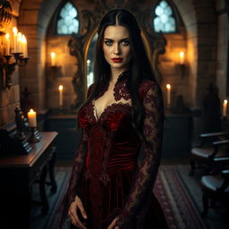 A beautifully crafted scene inspired by Carmilla, featuring an elegant vampire woman with pale skin and long dark hair, adorned in an ornate Victorian dress made of deep red velvet with intricate lace details