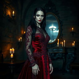 A beautifully crafted scene inspired by Carmilla, featuring an elegant vampire woman with pale skin and long dark hair, adorned in an ornate Victorian dress made of deep red velvet with intricate lace details