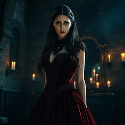 A beautifully crafted scene inspired by Carmilla, featuring an elegant vampire woman with pale skin and long dark hair, adorned in an ornate Victorian dress made of deep red velvet with intricate lace details