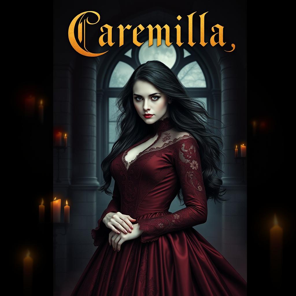 A captivating book cover design for 'Carmilla', showcasing a mysterious and elegant vampire woman