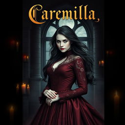 A captivating book cover design for 'Carmilla', showcasing a mysterious and elegant vampire woman