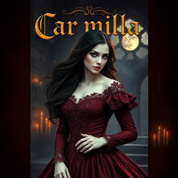 A captivating book cover design for 'Carmilla', showcasing a mysterious and elegant vampire woman