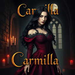 A captivating book cover design for 'Carmilla', showcasing a mysterious and elegant vampire woman