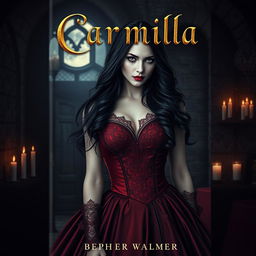 A captivating book cover design for 'Carmilla', showcasing a mysterious and elegant vampire woman