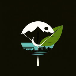 A logo design featuring a single tobacco leaf that serves as the background, with a silhouette of mountains, sea, and a city skyline