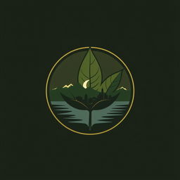 A logo design featuring a single tobacco leaf that serves as the background, with a silhouette of mountains, sea, and a city skyline