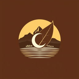 A logo design featuring a single tobacco leaf that serves as the background, with a silhouette of mountains, sea, and a city skyline