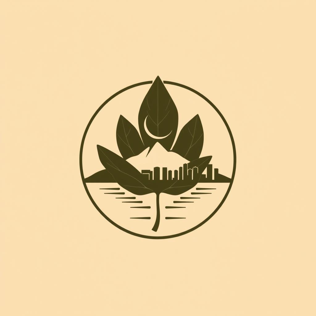 A logo design featuring a single tobacco leaf that serves as the background, with a silhouette of mountains, sea, and a city skyline