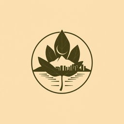 A logo design featuring a single tobacco leaf that serves as the background, with a silhouette of mountains, sea, and a city skyline