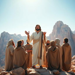 Jesus Christ standing on Mount Sinai surrounded by his apostles