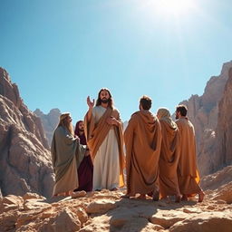 Jesus Christ standing on Mount Sinai surrounded by his apostles