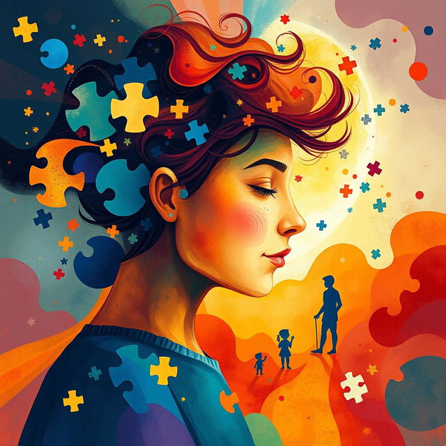 A powerful and educational portrayal of autism essence, represented through vibrant and abstract illustrations that convey a deep sense of understanding, acceptance, and connectedness