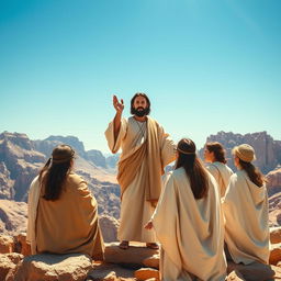 Jesus Christ standing on Mount Sinai surrounded by his apostles